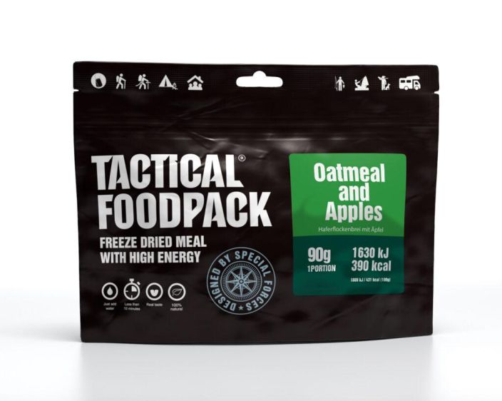 Tactical Foodpack Omenapuuro ​90g retkiateri Mukava aamupala, jolle antavat mehukkuutta ja tuoreutta kylmakuivatut omenat.