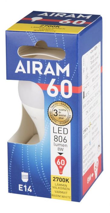 Airam LED-mainoslamppu E14 2700K 806lm -Energialuokka: A+ -Varilampotila: 2700K -Kanta: E14 -Teho: 8W, 806LM -Takuu 36kk