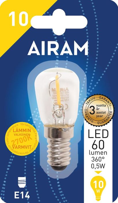 Airam LED-E14 lamppu 2700K 60lm Energialuokka: A++ -Varilampotila: 2700K -Kanta: E14 -Teho: 0,5W, 360LM -Takuu 36kk