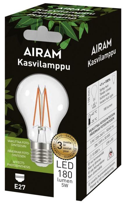 Airam LED-Kasvilamppu E27 180lm -Kasvilamppu -Kanta: E27 -Teho: 5W, 180LM -Takuu 36kk