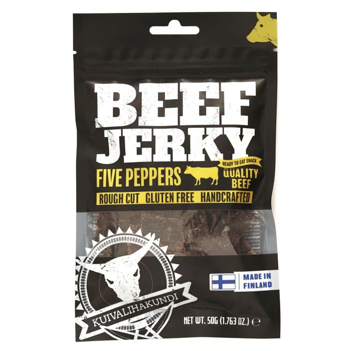 Kuivalihakundi Beef Jerky Pippuri naudanpaisti, gluteeniton soijakastike ( vesi, soijaproteiinihydrolysaatti, suola),