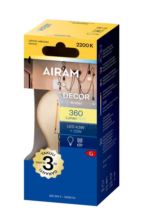 Airam Led-Decor amber E27 380lm -Varilampotila: 2200K -Kanta: E27 -Teho: 5W, 360LM -Energialuokka: A+ -Takuu 36k