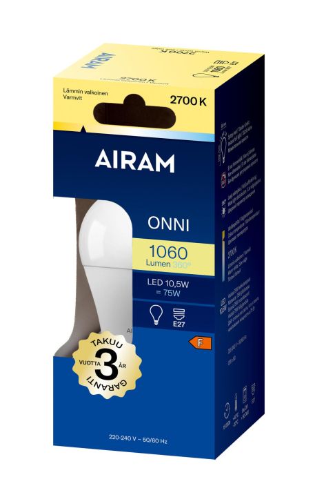 Airam LED E27 1060lm/2700k Maitolasi -Energialuokka: A+ -Varilampotila: 2700K -Kanta: E27 -Teho: 12W, 1060LM -Takuu 36kk