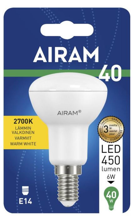 Airam LED-R50 lamppu E14 2700K 450lm/125cd -Energialuokka: A+ -Varilampotila: 2700K -Kanta: E14/R50 -Teho: 6W, 450LM/125cd