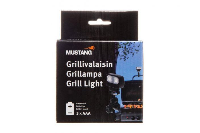 GRILLIVALAISIN 10 LED MUSTANG LED. 3 x AAA paristot (ei sisally toimitukseen). Led-valaisin kiinnitetaan grillin kuvun