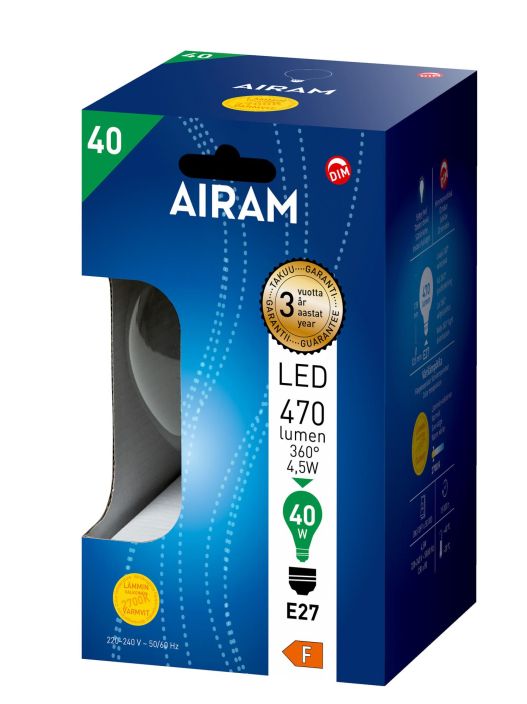 Airam Led-lamppu E27 470lm Dim G125 -Varilampotila: 2700K -Himmennettava DIM -Kanta: E27 -Teho: 4W, 470LM -Mitat: Ø 125/178