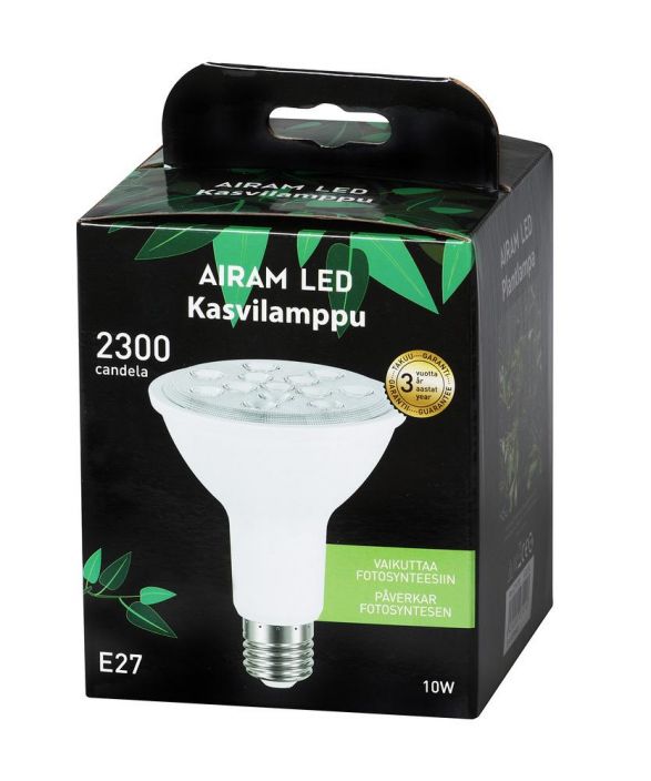 Airam LED-Kasvilamppu E27 800lm/2300cd -Varilampotila: 4000K -Kasvilamppu -Kanta: E27 -Teho: 10W, 800LM/2300CD -Takuu 36kk