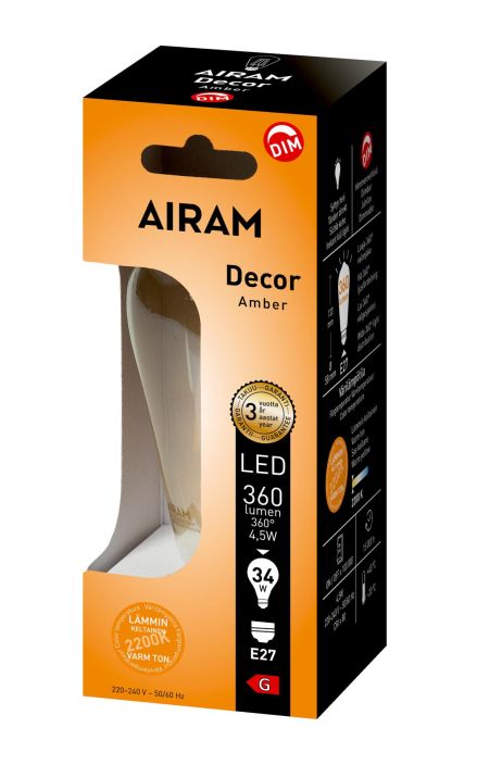 Airam Led-Decor E27 380lm Dim -Varilampotila: 2200K -Himmennettava DIM -Kanta: E27 -Teho: 5W, 380LM -Mitat: Ø 58/133