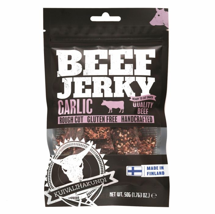 Kuivalihakundi Beef Jerky Garlic naudanpaisti, gluteeniton soijakastike ( vesi, soijaproteiinihydrolysaatti, suola),