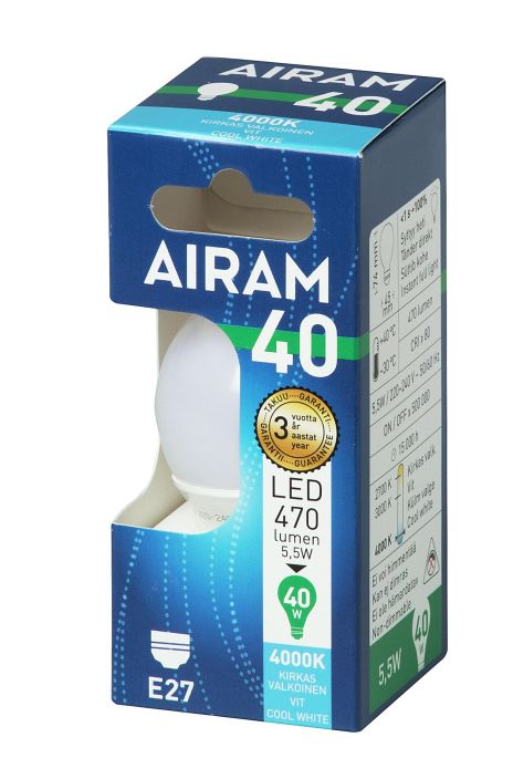 Airam LED-koristelamppu E27 4000K 470lm -Energialuokka: A+ -Varilampotila: 4000K -Kanta: E27 -Teho: 5,5W, 470LM -Takuu 36kk