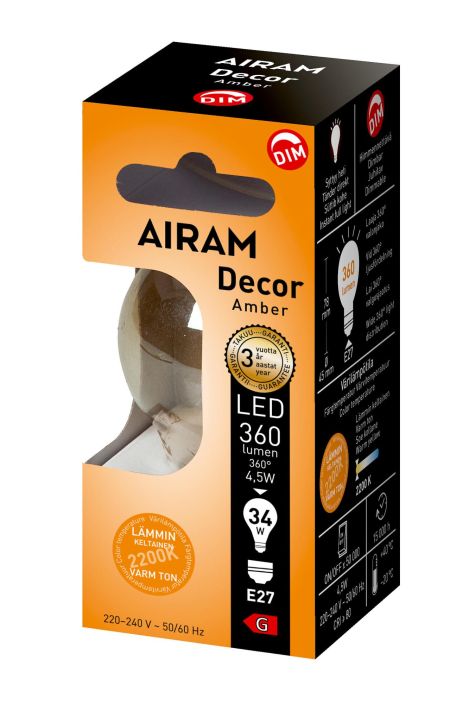Airam Led Decor E27 380lm/2200k Dim -Varilampotila: 2200K -Himmennettava DIM -Kanta: E27 -Teho: 5W, 360LM -Mitat: Ø 45/78