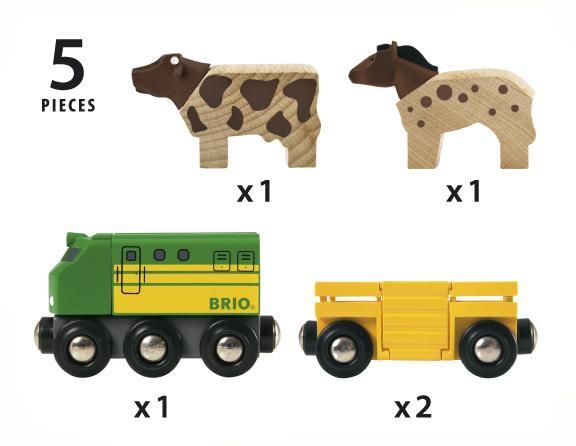Brio Maatilajuna Hevonen ja lehma on kuljetettava laitumelle. Auta heita paasemaan junaan kaantamalla ramppi alas. Yksikaan