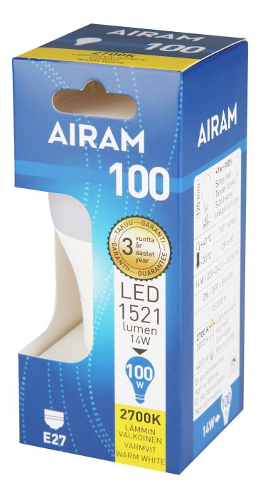 Airam LED E27 1521lm/2700k Maitolasi -Energialuokka: A+ -Varilampotila: 2700K -Kanta: E27 -Teho: 14W, 1521LM -Takuu 36kk